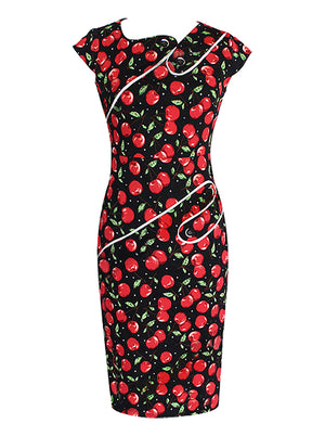 Retro Cherry Print Patchwork Rockabilly Cocktail Office Work Dress