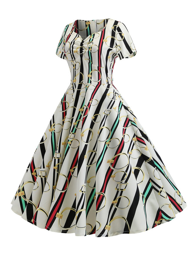 1950s Vintage Stripe Short Sleeve Pleated Swing Dress