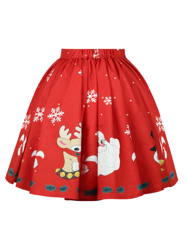 Red Vintage Xmas Reindeer Lovely Pleated A-Line Short Mini Skater Skirt for Women Back View