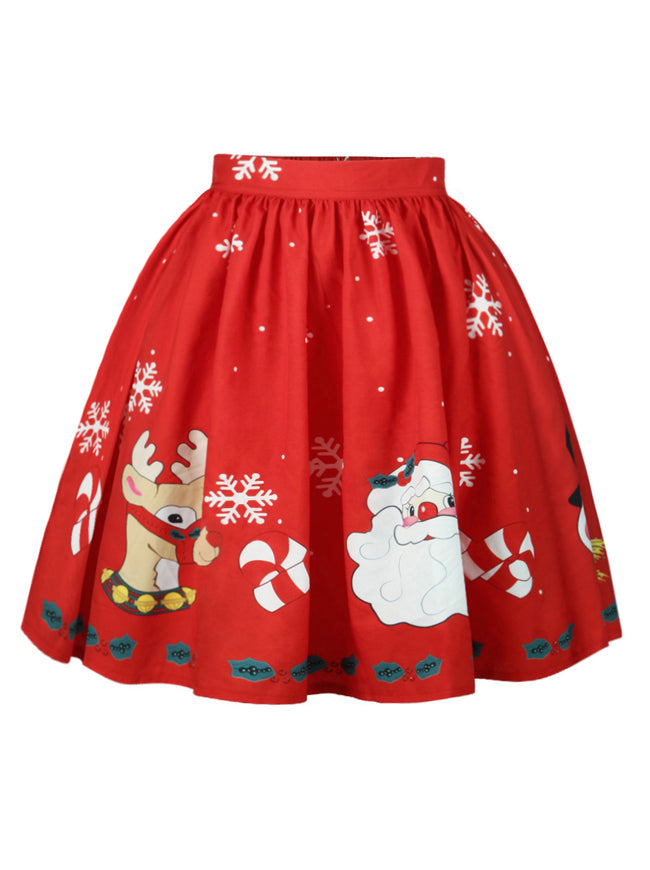 Christmas Santa Pleated Flared Short Midi Swing Skater Skirt Main View