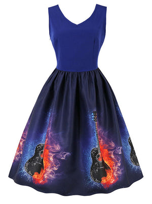 Punk Rock Style Colorful Guitar Print Vintage Cocktail Dress For Music Party