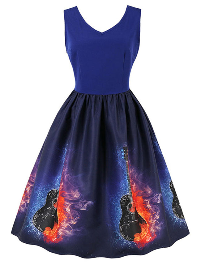 Punk Rock Style Colorful Guitar Print Vintage Cocktail Dress For Music Party