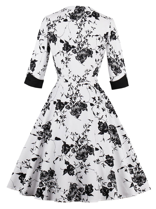 Elegant Vintage Half Sleeve Floral Print Cocktail Evening Dress