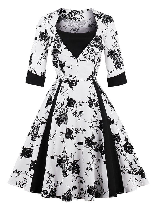 Elegant Vintage Half Sleeve Floral Print Cocktail Evening Dress