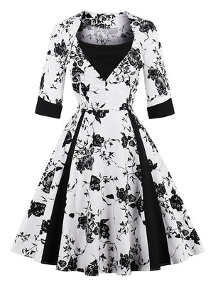 Elegant Vintage Half Sleeve Floral Print Cocktail Evening Dress