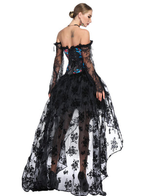 Black Embroidery Lace Long Sleeve Steampunk Bustier Corset with Skirt Set for Women Model Show Back View