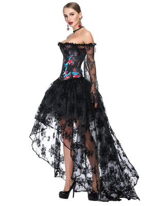 Black Off Shoulder Hi-Lo Skirt Set Halloween Overbust Corsets Outfits for Women Model Show Side View