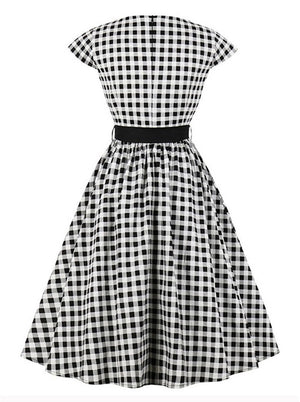 Classic Style Black White Vintage Tartan Plaid Rockabilly Party Swing Dress Back View