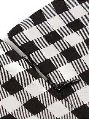Black White Retro Plaid Pattern Fit and Flare Style Going Out Shopping Dress Detail View