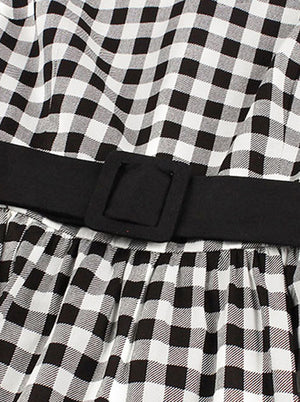 Fashion Black and White Plaid Fit and Flared Style Spring Picnic Dress Matching with Belted Detail View