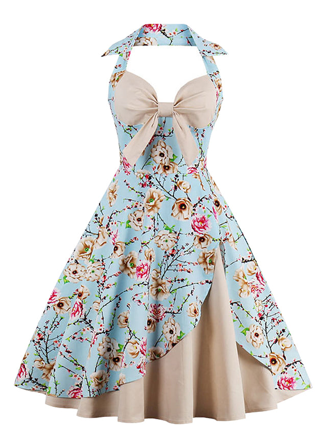 Vintage Sweetheart Spring Summer Floral Print Bridesmaid Dress with Halter