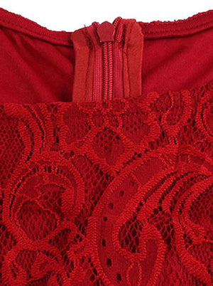Red Women Round Neck Empire Waist Patchwork Swing Formal Bridesmaid Dress Detail View