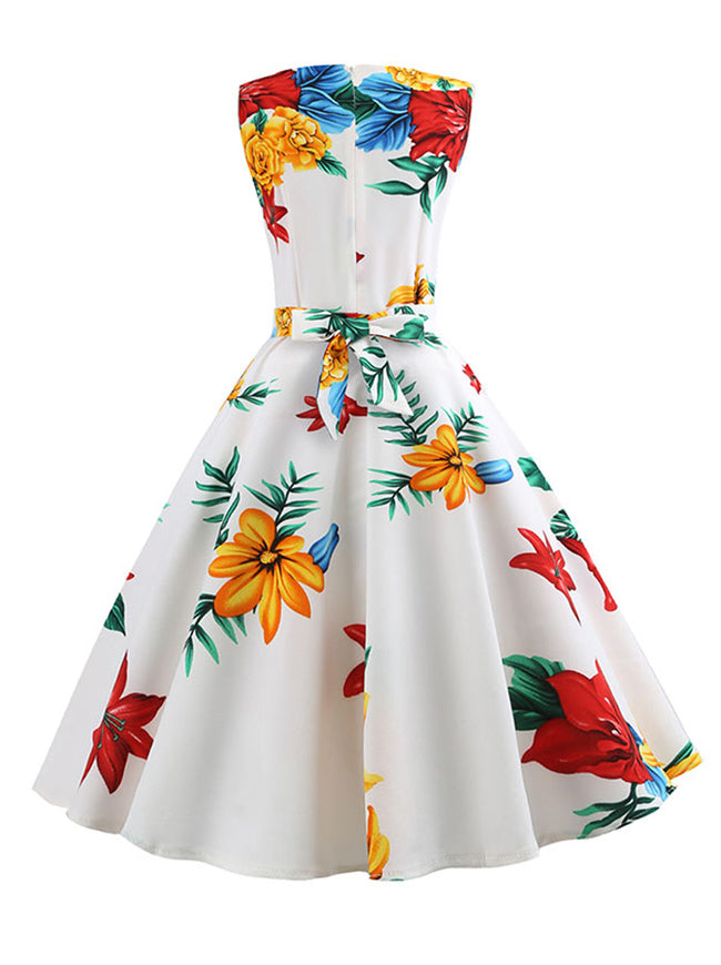 White Vintage 1950s Style Floral Printed Sleeveless Cocktail Party Dress for Women Back View