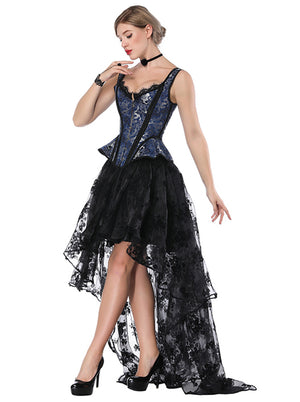 Blue Women Sexy V-Neck Low Cut Tank Steampunk Halloween Corset and Skirts Set Model Show Side View