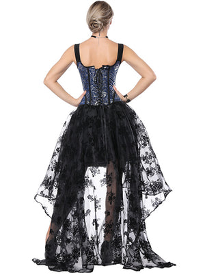 Black Organza Floral Lace High Low Skirt Set Blue Victorian Gothic Corset Renaissance Women Model Show Back View