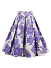 High Waisted Vintage Style Rose Print Flared Pleated A Line Skirt