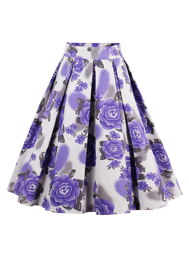 High Waisted Vintage Style Rose Print Flared Pleated A Line Skirt