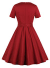 Women Casual Fit And Flare Square Neck Short Sleeve Vintage Swing Midi Dresses With Belt Back View