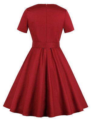 Women Casual Fit And Flare Square Neck Short Sleeve Vintage Swing Midi Dresses With Belt Back View