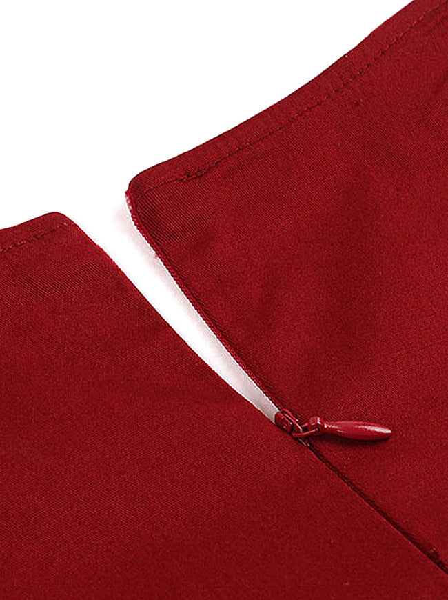 Elegant Short Sleeve High Waist Christmas Swing Dress Wine Red Detail View