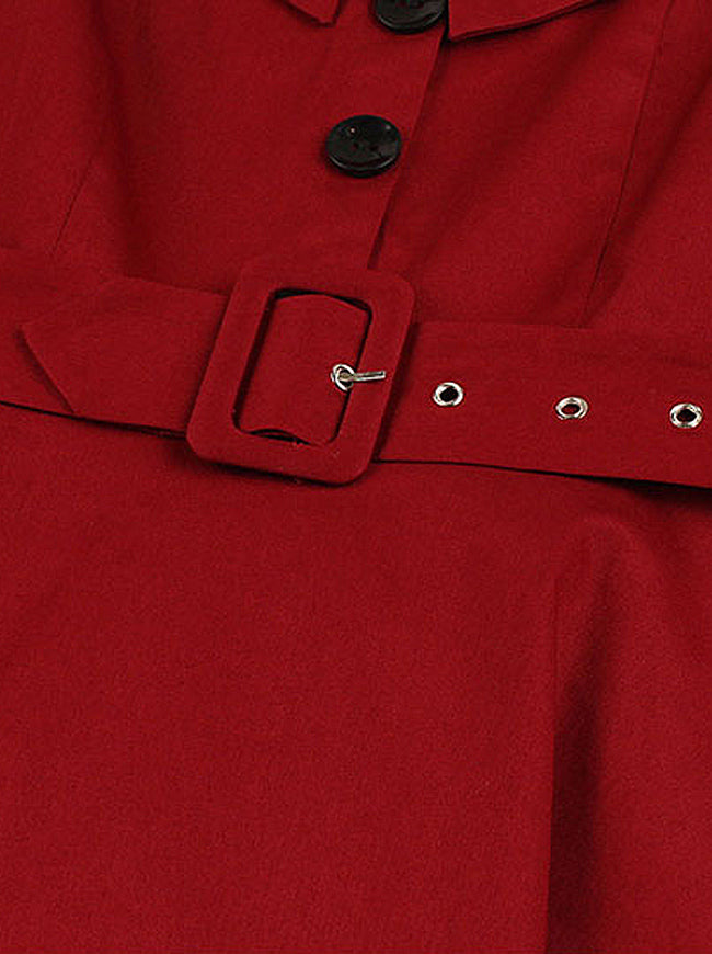 Retro Rockabilly Unique Square Neck Fashionable Button Accents Cocktail Dress with Belted Detail View