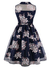 Elegant See-Through Retro Flower Print Sleeveless Fit And Flare Midi Dress With Belt Dark Blue Back View