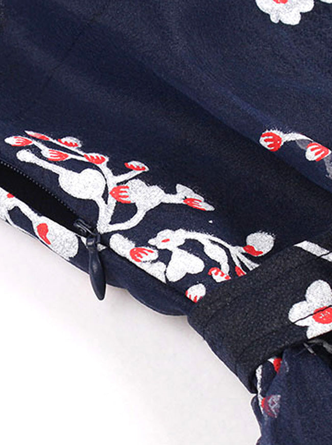 Blue Women Vintage Floral Pattern Pin Up Style Wear to Work Dress with Belted Detail View