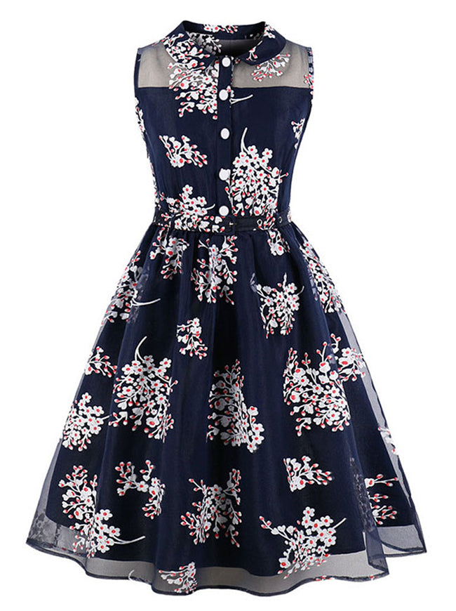 Casual Floral Fit And Flare Sleeveless Belted Vintage Tea Dress Main View