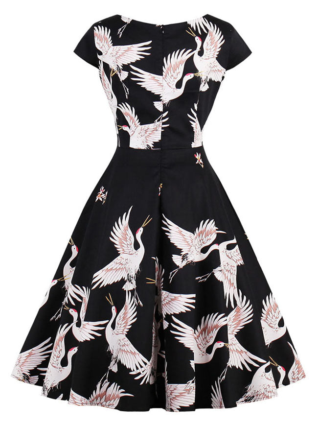 Vintage Cocktail White Crane Pattern A-Line Knee Length Dress for Women Back View