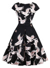 Vintage Cocktail White Crane Pattern A-Line Knee Length Dress for Women Back View