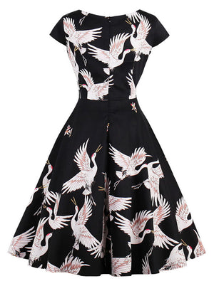 Vintage Cocktail White Crane Pattern A-Line Knee Length Dress for Women Back View