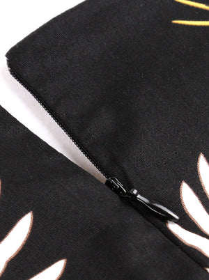 Black Vintage Short Sleeve Animal Printed Soft Slim Fit Junior Cotton Rockabilly Tea Length Dress for Girl Detail View