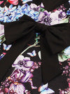 Black Vintage Floral Pattern ColorBlock Style A-Line Casual Semi Formal Dress Blue Bow Belt Detail View