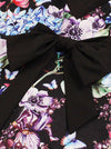 Black Vintage Floral Pattern ColorBlock Style A-Line Casual Semi Formal Dress Blue Bow Belt Detail View