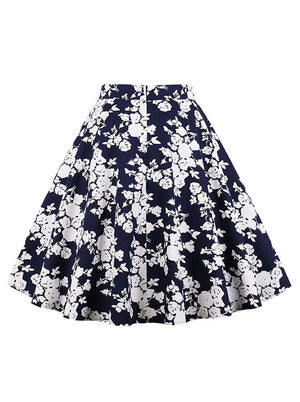 Dark Blue Casual Vintage Retro Style 1950s Inspired High Waisted Full Circle Skirts for Womens Back View