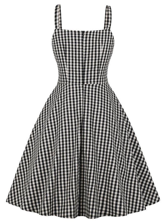 Sweetheart Sleeveless Plaid Casual Knee Length A-line Pin Up Cocktail Party Dress Back View