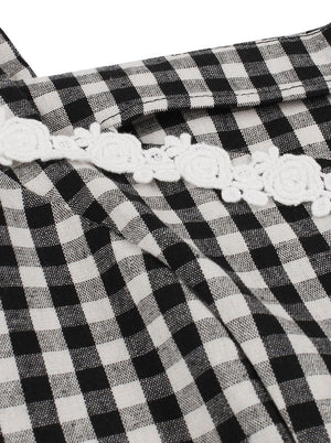 Vintage 1950s Style Swing Plaid Cocktail 50s White and Black Casual Midi Dress Detail View