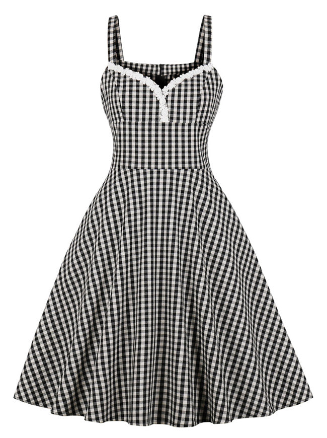 Women's Elegant Plaid Strap Swing Party Dress with Pocket