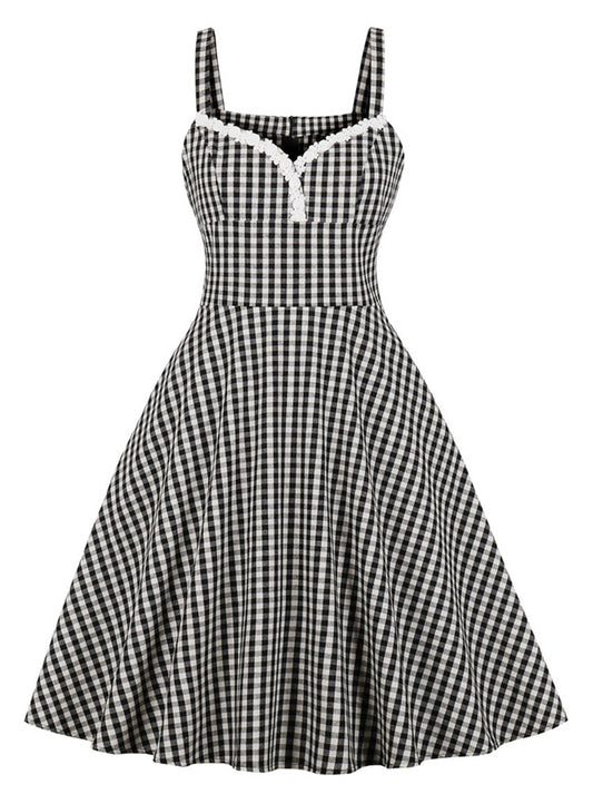 Women's Elegant Plaid Strap Swing Party Dress with Pocket