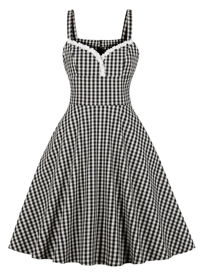 Sweetheart Sleeveless Plaid Casual Knee Length A-line Pin Up Cocktail Party Dress Back View