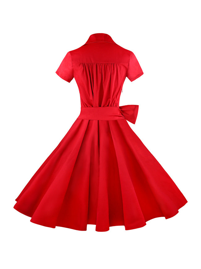 Sexy V-Neck Plain Red Short Sleeve A-Line Holiday Knee Length Dress for Women Back View