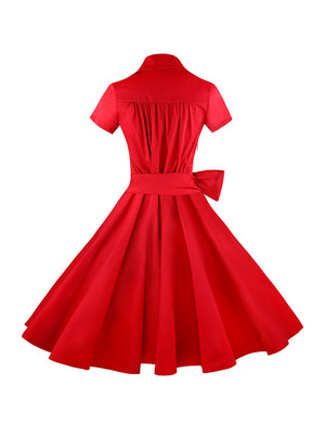 Sexy V-Neck Plain Red Short Sleeve A-Line Holiday Knee Length Dress for Women Back View