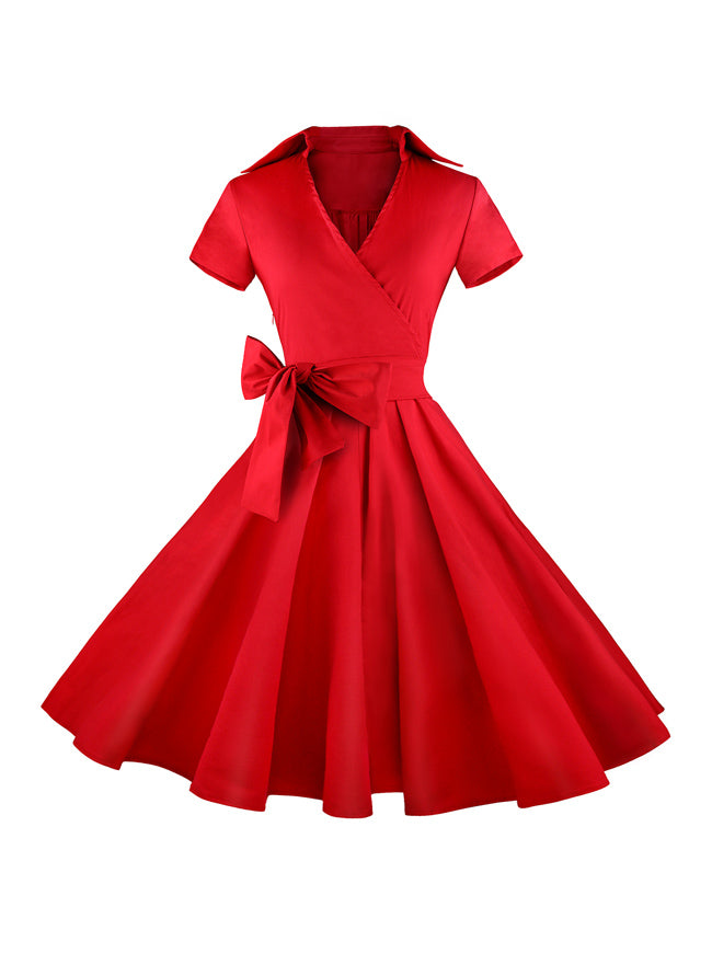 Vintage Elegant Short Sleeve Full Circle Flared Skirt Solid Red Holiday Midi Dress with Belt Detail View