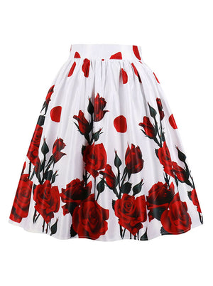 Red Roses Printed High Waisted Pleated Vintage Party Halloween Skirt for Women Back View