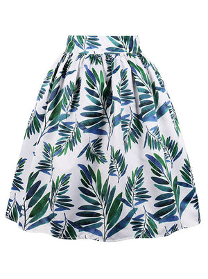 White Casual Pleated Green Leaves Printed High Waisted Pleated Wear to Work Skirt for Women Back View