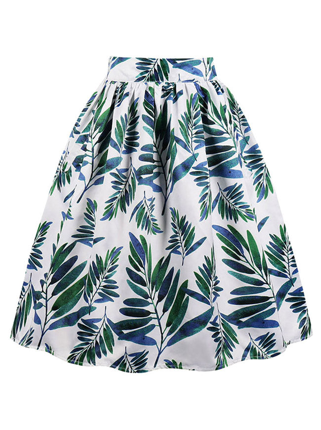 Vintage Casual High Waisted A-Line Leaf Printed Flare Skirt Main View