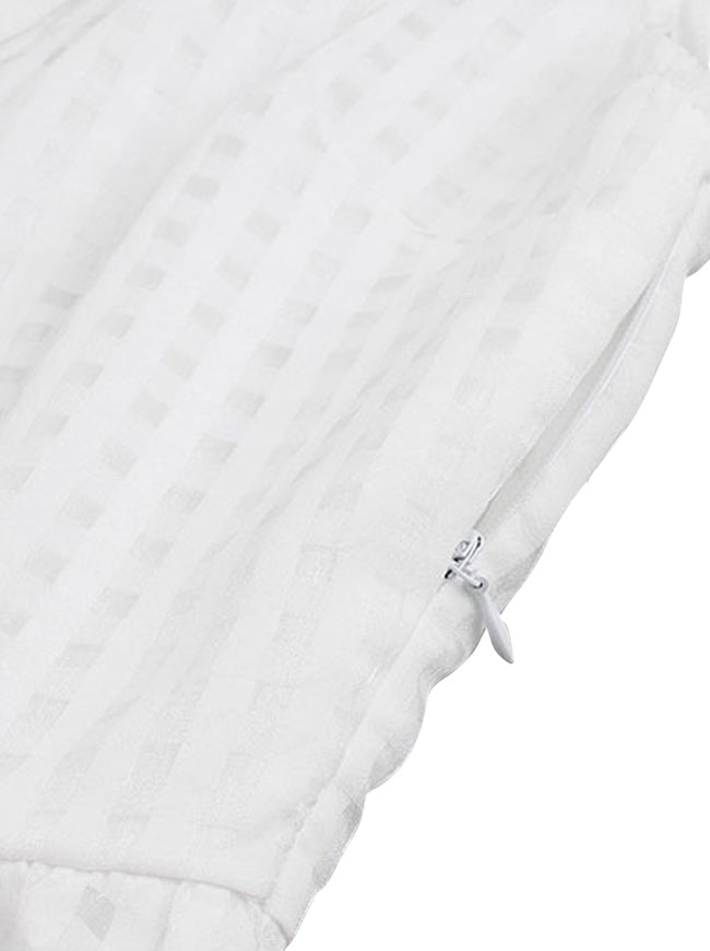 Vintage Hollow Out Tea Length White V Neck Sleeveless Wedding Party Dress White Detail View