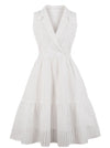 Vintage Lapel V Neck Sleeveless Hollow Out Pleated Swing Dress Main View