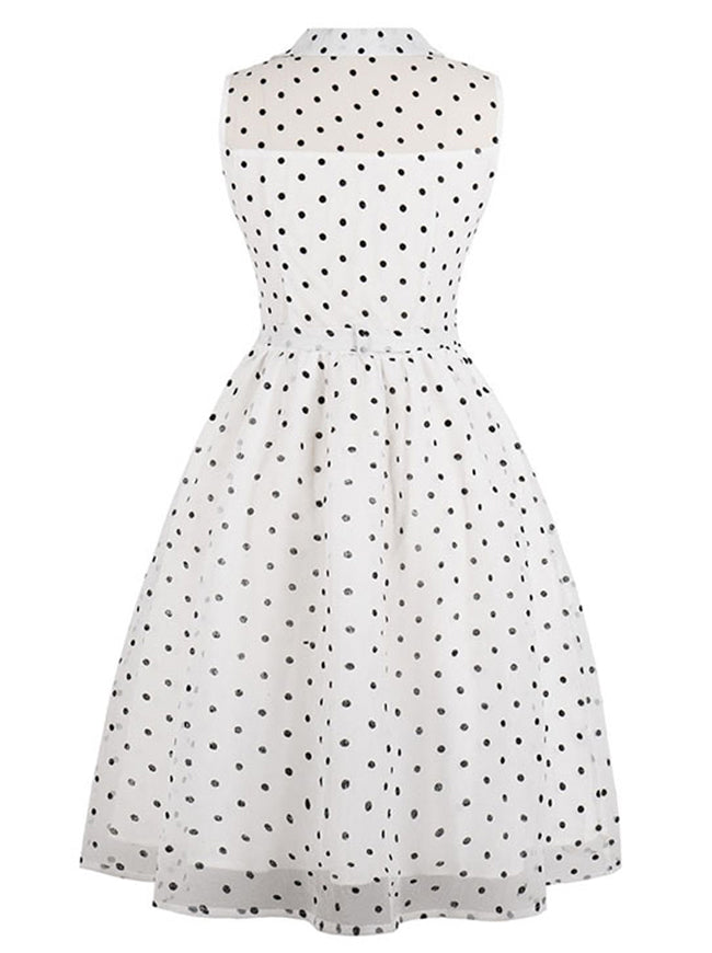 Retro Fit And Flare Polka Dot Sleeveless Belted Elegant Midi Tea Dress Back View