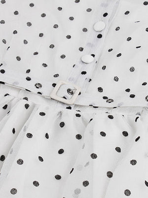 Elegant Button Up Empire Waist White and Black Polka Dot Swing Dress with Belted Detail View